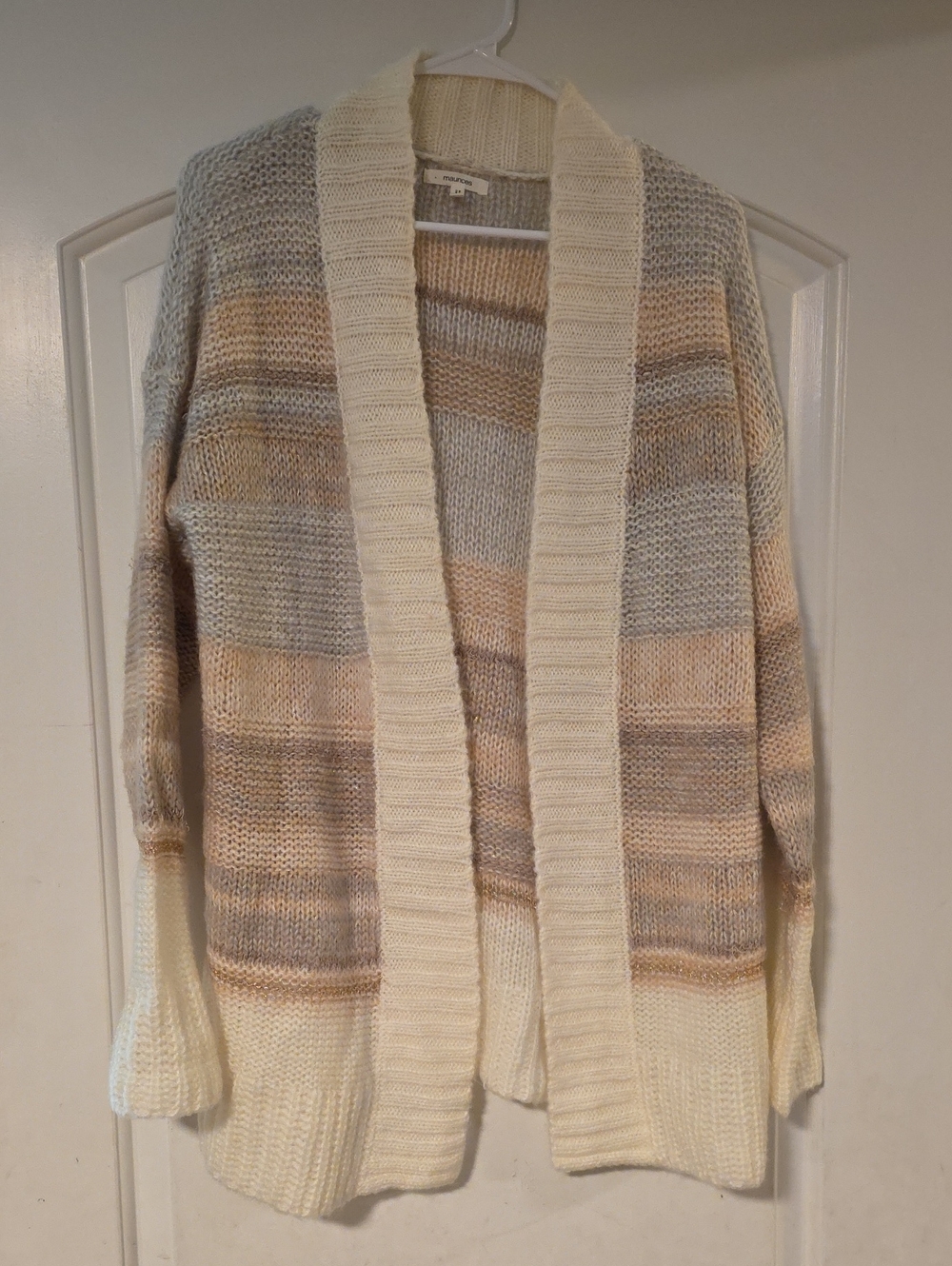 Maurices Cream, Beige & Gray Striped Open-Front Cardigan